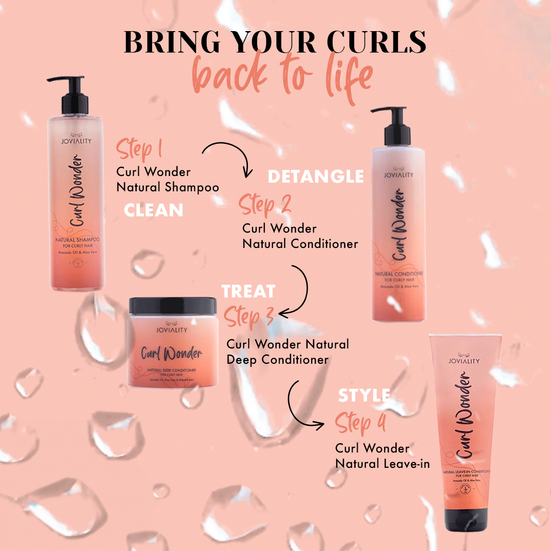 Curl wonder treatment kit deep conditioner hair natural texture steps how to hydrate define frizzy, Curl Wonder Treatment Kit, Joviality, egypt, international, curly hair, curly heads, all natural, natural ingredients, silicone free, sulphate free, paraben free, pvp free, vegan, lightweight formula, avocado oil, aloe vera, defined curls, long lasting curls, nourish, healthy scalp, antioxidants, frizzy hair, dry hair, frizz free, tame frizz, more defined, wavy hair