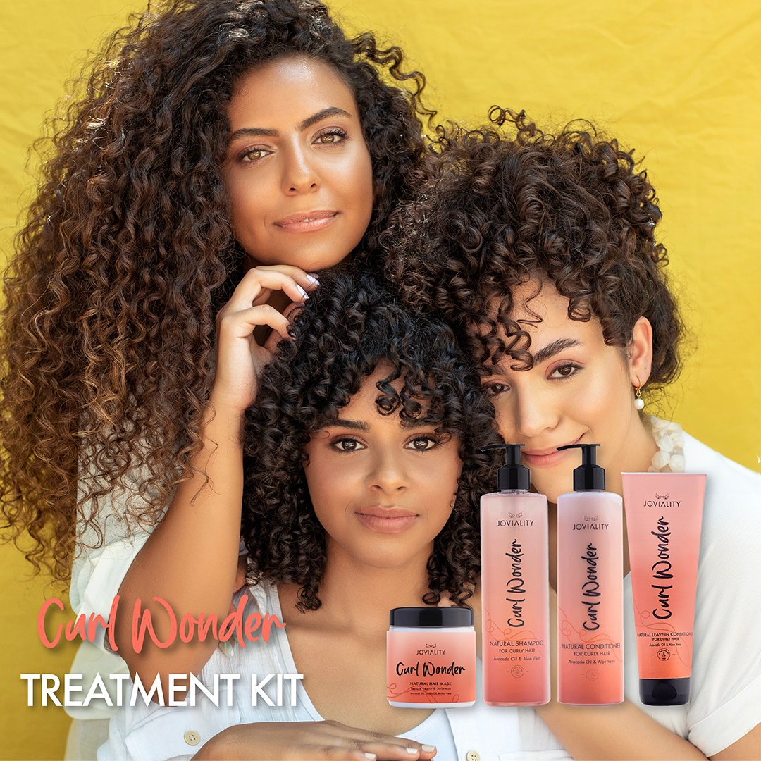 Curl wonder treatment kit deep conditioner hair natural texture steps how to hydrate define frizzy, Curl Wonder Treatment Kit, Joviality, egypt, international, curly hair, curly heads, all natural, natural ingredients, silicone free, sulphate free, paraben free, pvp free, vegan, lightweight formula, avocado oil, aloe vera, defined curls, long lasting curls, nourish, healthy scalp, antioxidants, frizzy hair, dry hair, frizz free, tame frizz, more defined, wavy hair, lifestyle, model, modelling