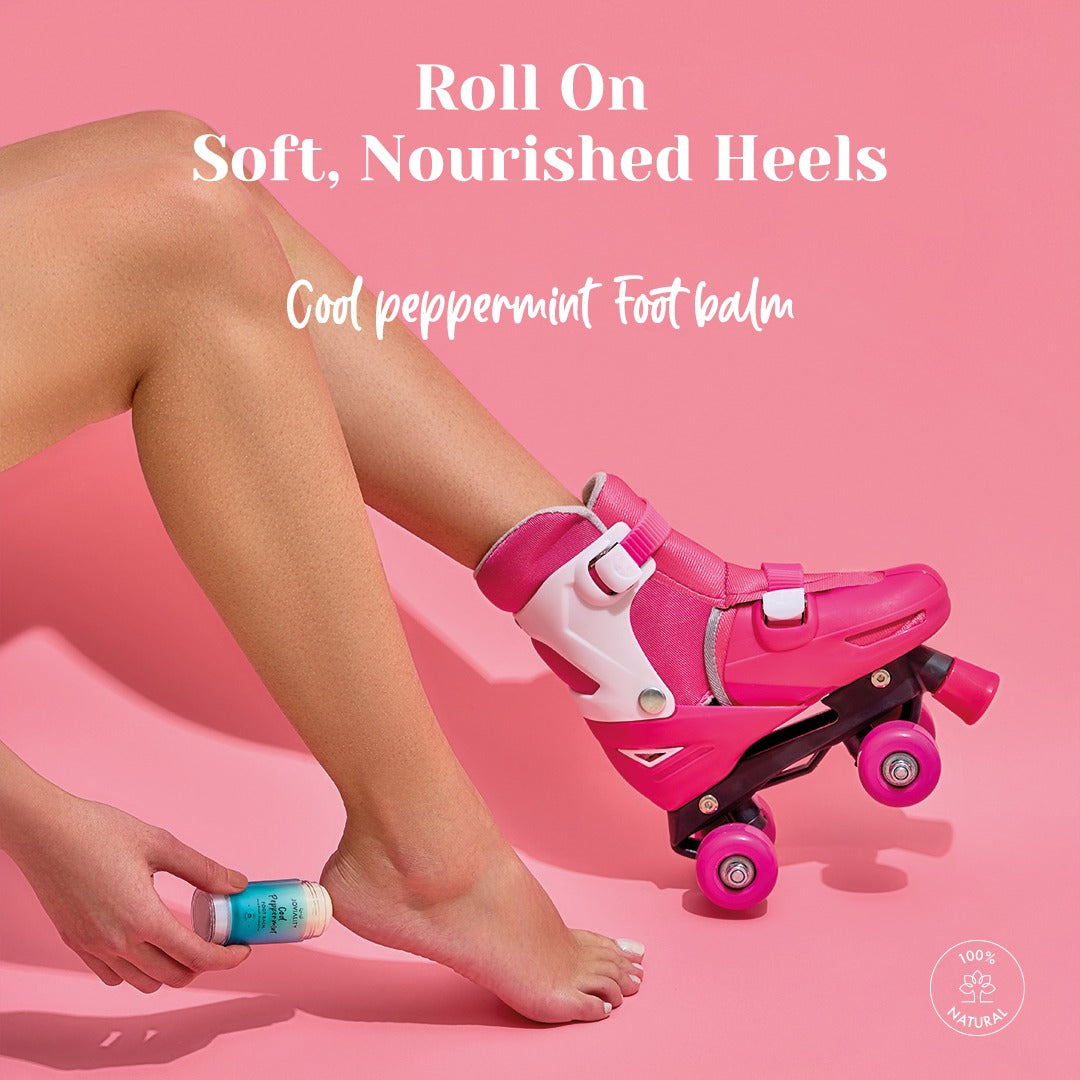 Foot Balm, Cool Peppermint, healing, rough and cracked heels and feet, 100% natural, all natural, Roll-on application, No Stickiness, Paraben-free, phthalte-free, hapy feet, coconut oil, peppermint oil, shea butter, rough skin, dry skin, sark spots, friction, weather changes, moisturize, joviality, egypt, international, skincare