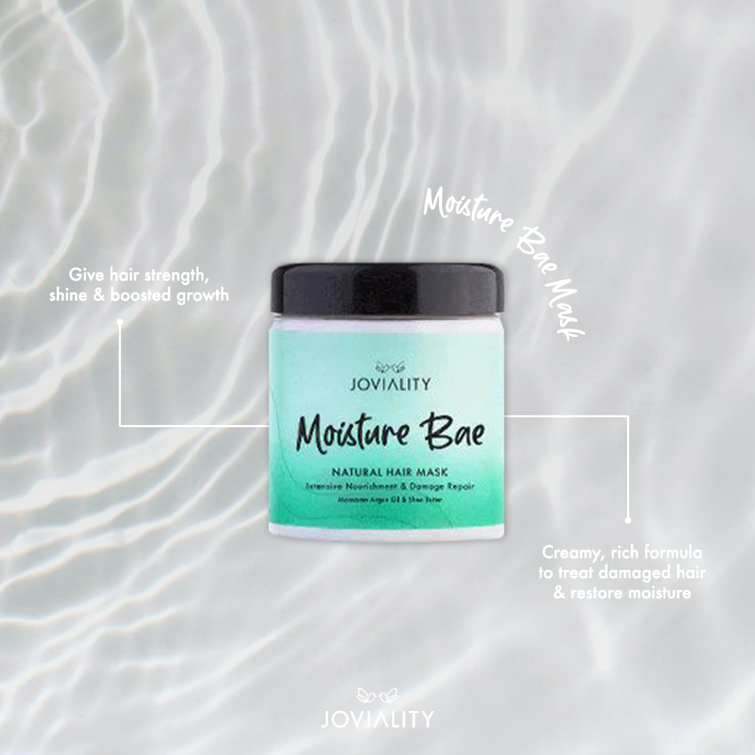 Moisture Bae, Natural, nourishing hair mask, Joviality, 100% natural, all natural, normal hair, dry hair, frizzy hair, damaged hair, heat damage, silicone free, sulphate free, parabens free, pvp free, vegan, water-based light weight formula, shea butter, Moroccan argan oil, soft hair, shiny hair, antioxidants, healthy scalp, egypt, international, moisturize, hydrates hair, restore, nourish, nurtureyournature, definition, treatment kit