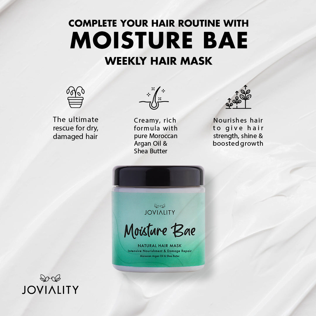Moisture Bae, Natural, nourishing hair mask, 100% natural, all natural, normal hair, dry hair, frizzy hair, damaged hair, heat damage, silicone free, sulphate free, parabens free, pvp free, vegan, water-based light weight formula, shea butter, Moroccan argan oil, soft hair, shiny hair, antioxidants, healthy scalp, egypt, international, moisturize, hydrates hair, restore, nourish, nurtureyournature, definition, treatment kit, benefits, functions