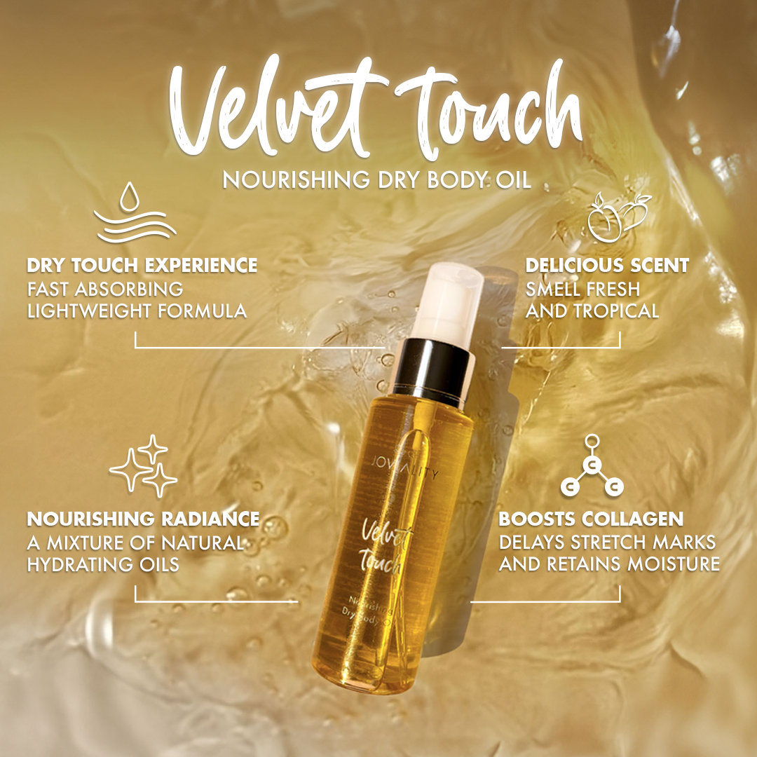 Velvet Touch nourishing dry body oil stretch marks dry skin rough light oil touch smooth soft collagen