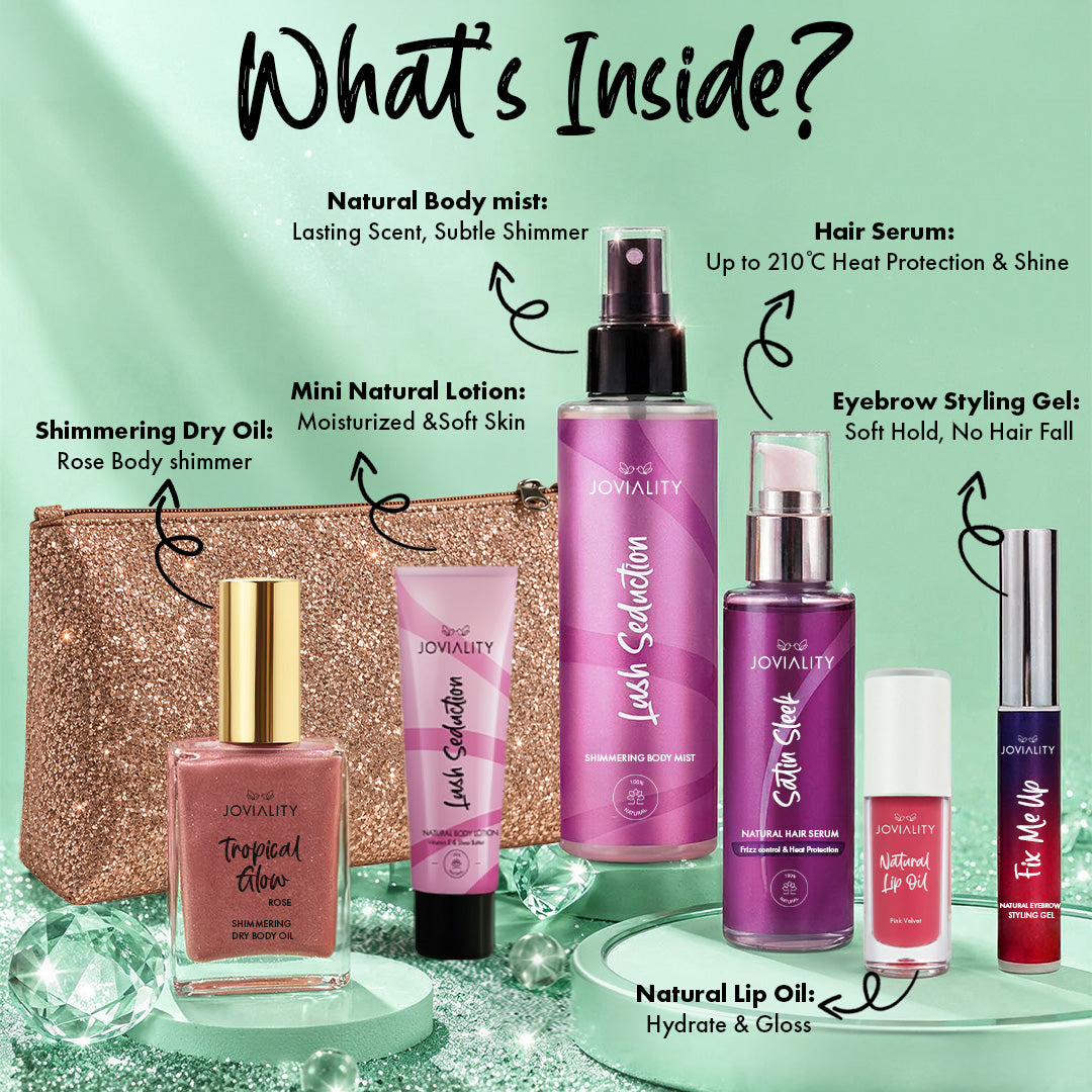 After Glow Kit - (Champagne Gold pouch+Lush seduction mini lotion, Body Mist, Satin Sleek, Dry Oil Rose, Pink Velvet Lip Oil, Fix me Up)
