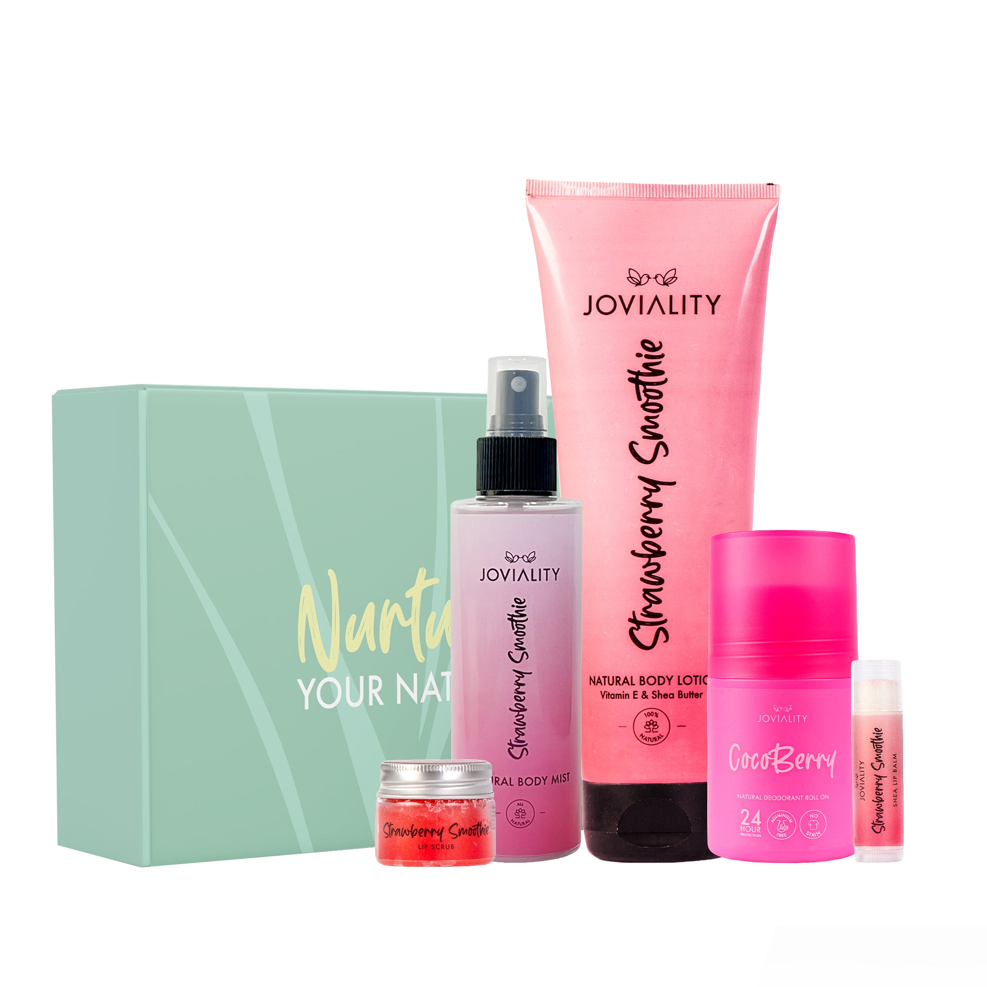 Strawberry Lovers Gift Set ( Strawberry Smoothie( Mist + Body Lotion+ Lip Scrub + Lip Balm ) +Natural Roll-on Deodorant - Cocoberry