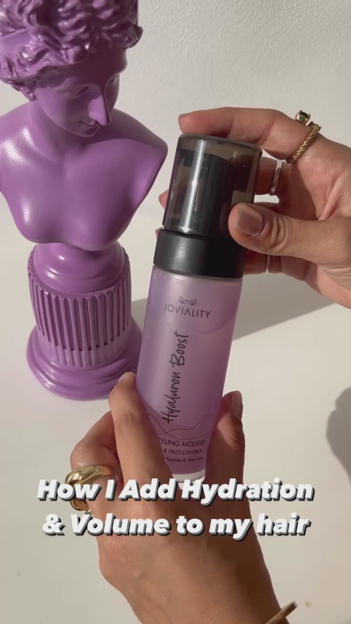 Hyaluron Boost, Natural styling mousse, Joviality, 100% natural, all natural, fine hair, dry hair, frizzy hair, silicone free, sulphate free, parabens free, pvp free, vegan, water-based light weight formula, hyaluronic acid, hydrolyzed wheat protein, egypt, international, lively, full of life, natural peptides, long lasting, style, definition, farah hosny