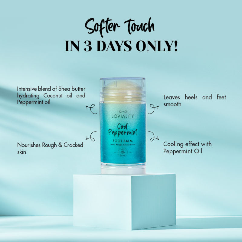 Foot Balm, Cool Peppermint, healing, rough and cracked heels and feet, 100% natural, all natural, Roll-on application, No Stickiness, Paraben-free, phthalte-free, hapy feet, coconut oil, peppermint oil, shea butter, rough skin, dry skin, sark spots, friction, weather changes, moisturize, joviality, egypt, international, healthy, information, benefits, skincare