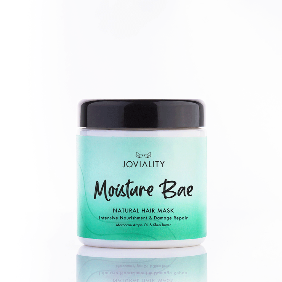 Moisture Bae, Natural, nourishing natural hair mask, Joviality, 100% natural, all natural, normal hair, dry hair, frizzy hair, damaged hair, heat damage, silicone free, sulphate free, parabens free, pvp free, vegan, water-based light weight formula, shea butter, Moroccan argan oil, soft hair, shiny hair, antioxidants, healthy scalp, egypt, international, moisturize, hydrates hair, restore, nourish, nurtureyournature, definition, treatment