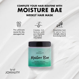 Moisture Bae, Natural, nourishing hair mask, 100% natural, all natural, normal hair, dry hair, frizzy hair, damaged hair, heat damage, silicone free, sulphate free, parabens free, pvp free, vegan, water-based light weight formula, shea butter, Moroccan argan oil, soft hair, shiny hair, antioxidants, healthy scalp, egypt, international, moisturize, hydrates hair, restore, nourish, nurtureyournature, definition, treatment kit, benefits, functions