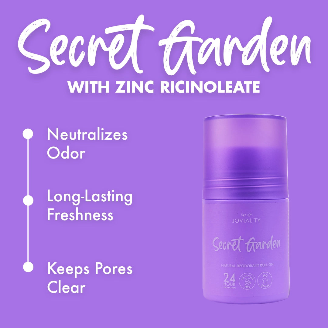 secret garden, natural roll on deodorant, toxins free, aluminum free, no stains, joviality, egypt, 24 hours, smell fresh, protection, scent, benefits, all natural , antiperspirants, zinc ricinoleate, lonf lasting, does not block pores