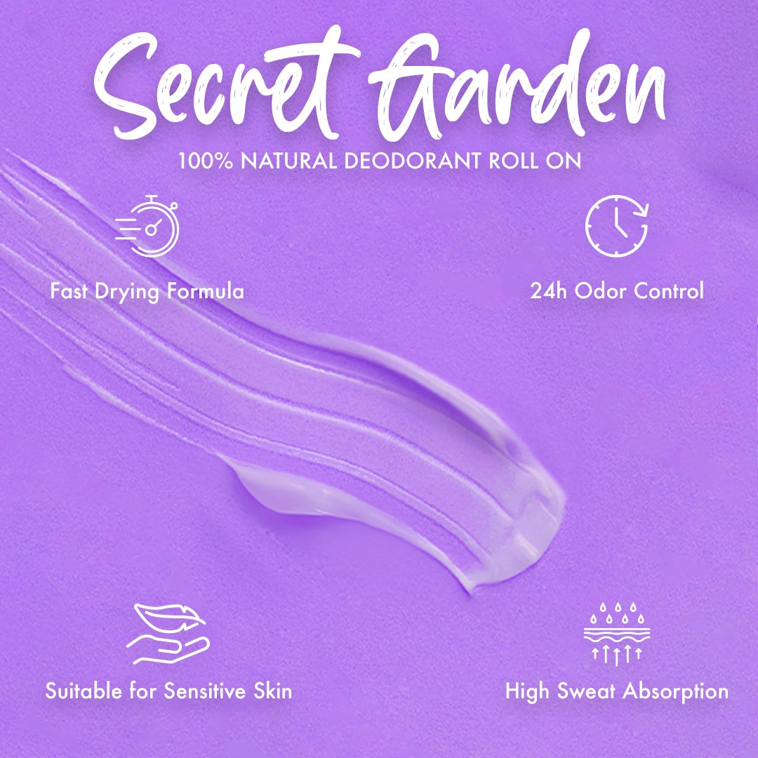 secret garden, natural roll on deodorant, toxins free, aluminum free, no stains, joviality, egypt, 24 hours, smell fresh, protection, scent, benefits, all natural , antiperspirants, zinc ricinoleate, lonf lasting, does not block pores