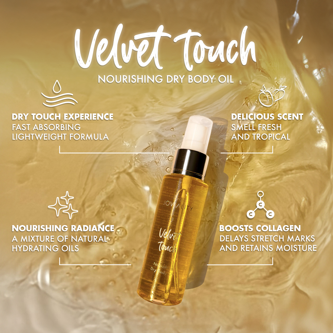 Velvet Touch nourishing dry body oil stretch marks dry skin rough light oil touch smooth soft collagen 