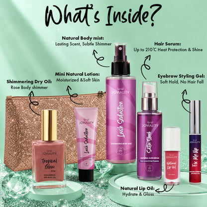 After Glow Kit - (Champagne Gold pouch+Lush seduction mini lotion, Body Mist, Satin Sleek, Dry Oil Rose, Pink Velvet Lip Oil,  Fix me Up)