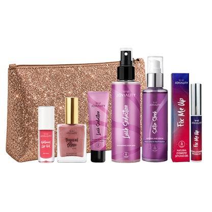 After Glow Kit - (Champagne Gold pouch+Lush seduction mini lotion, Body Mist, Satin Sleek, Dry Oil Rose, Pink Velvet Lip Oil,  Fix me Up)