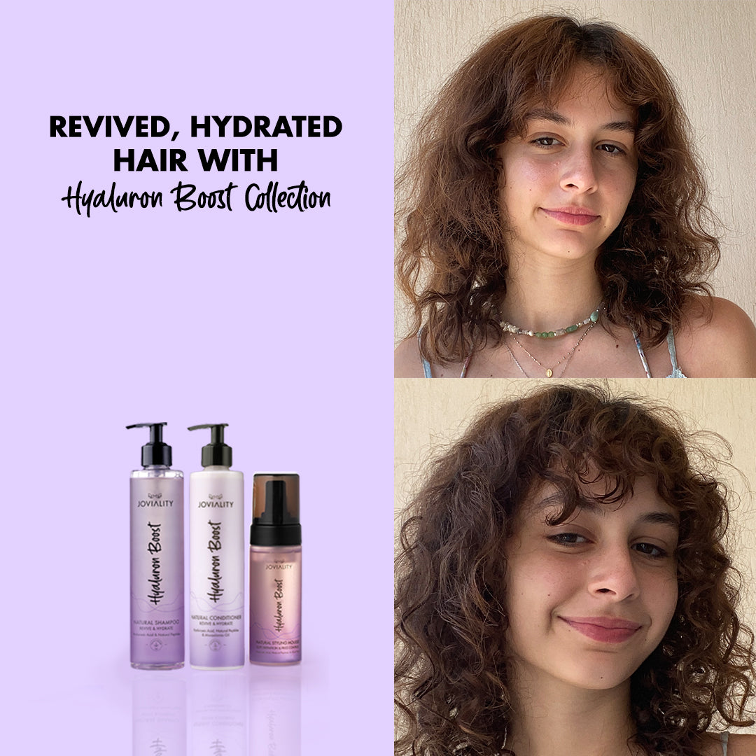 Hyaluron Boost Starter Kit, Joviality, 100% natural, all natural, hydrated hair, revive hair, fine hair, dry hair, frizzy hair, silicone free, sulphate free, parabens free, pvp free, vegan, water-based light weight formula, hyaluronic acid, hydrolyzed wheat protein, jessca toutounji