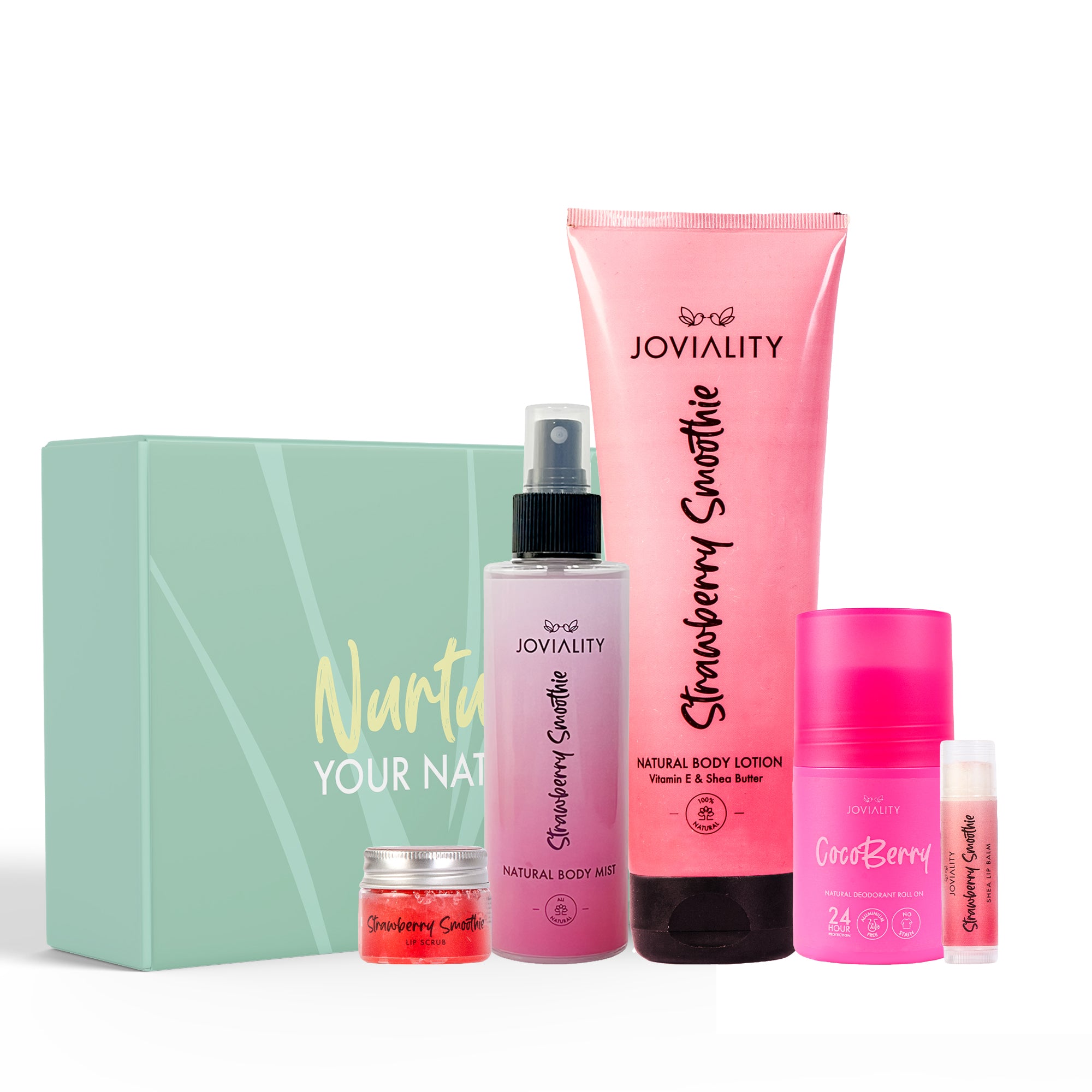 Strawberry Lovers Gift Set ( Strawberry Smoothie( Mist + Body Lotion+ Lip Scrub + Lip Balm ) +Natural Roll-on Deodorant - Cocoberry