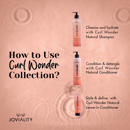 Curl wonder, starter kit, hair natural texture, steps how to hydrate define frizzy, Joviality, egypt, international, curly hair, curly heads, all natural, natural ingredients, silicone free, sulphate free, paraben free, pvp free, vegan, lightweight formula, avocado oil, aloe vera, defined curls, long lasting curls, nourish, healthy scalp, antioxidants, frizzy hair, dry hair, frizz free, tame frizz, more defined, wavy hair, real results, wavy hair, how to use, stepbystep