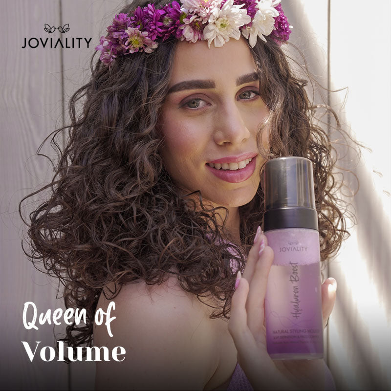 Hyaluron Boost Starter Kit, styling mousse, volume, volumized hair, Joviality, 100% natural, all natural, fine hair, dry hair, frizzy hair, silicone free, sulphate free, parabens free, pvp free, vegan, water-based light weight formula, hyaluronic acid, hydrolyzed wheat protein